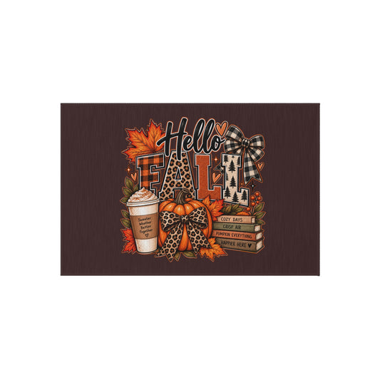 Hello Fall Outdoor Rug — Cozy Autumn Coffee & Leaves Doormat