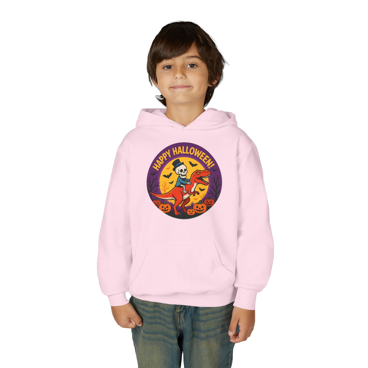 Youth Halloween Hoodie — 'Happy Halloween' Skeleton Riding Dinosaur Kids Sweatshirt