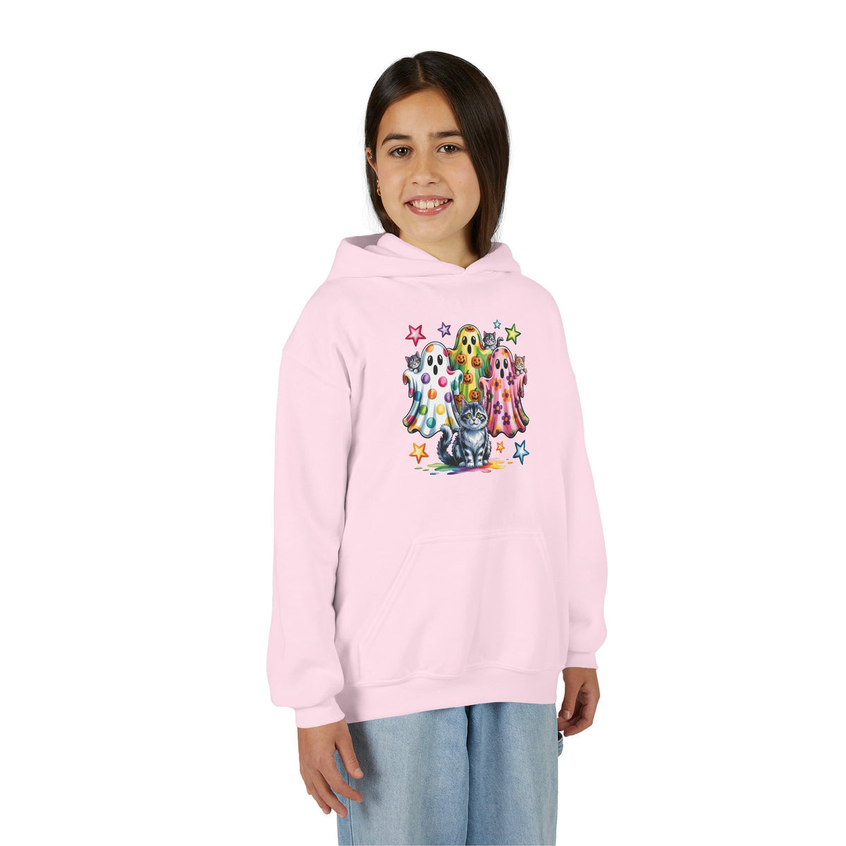 Youth Hoodie — Colorful Polka Dot Ghosts & Cat Halloween Sweatshirt