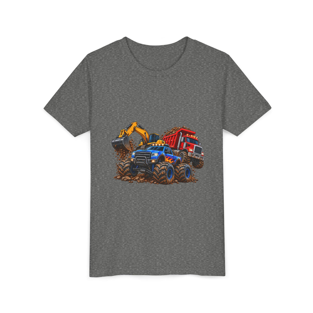 Kids Construction Trucks Tee — Monster Dump Truck & Excavator Graphic Youth Shirt