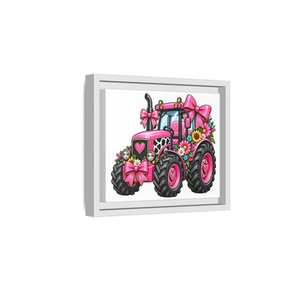 Pink Floral Tractor Matte Canvas Framed Wall Art