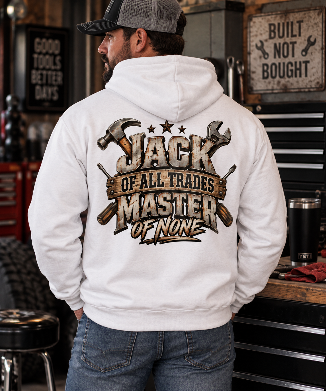 Hoodie — "Jack of All Trades, Master of None" Mechanic Tool Graphic