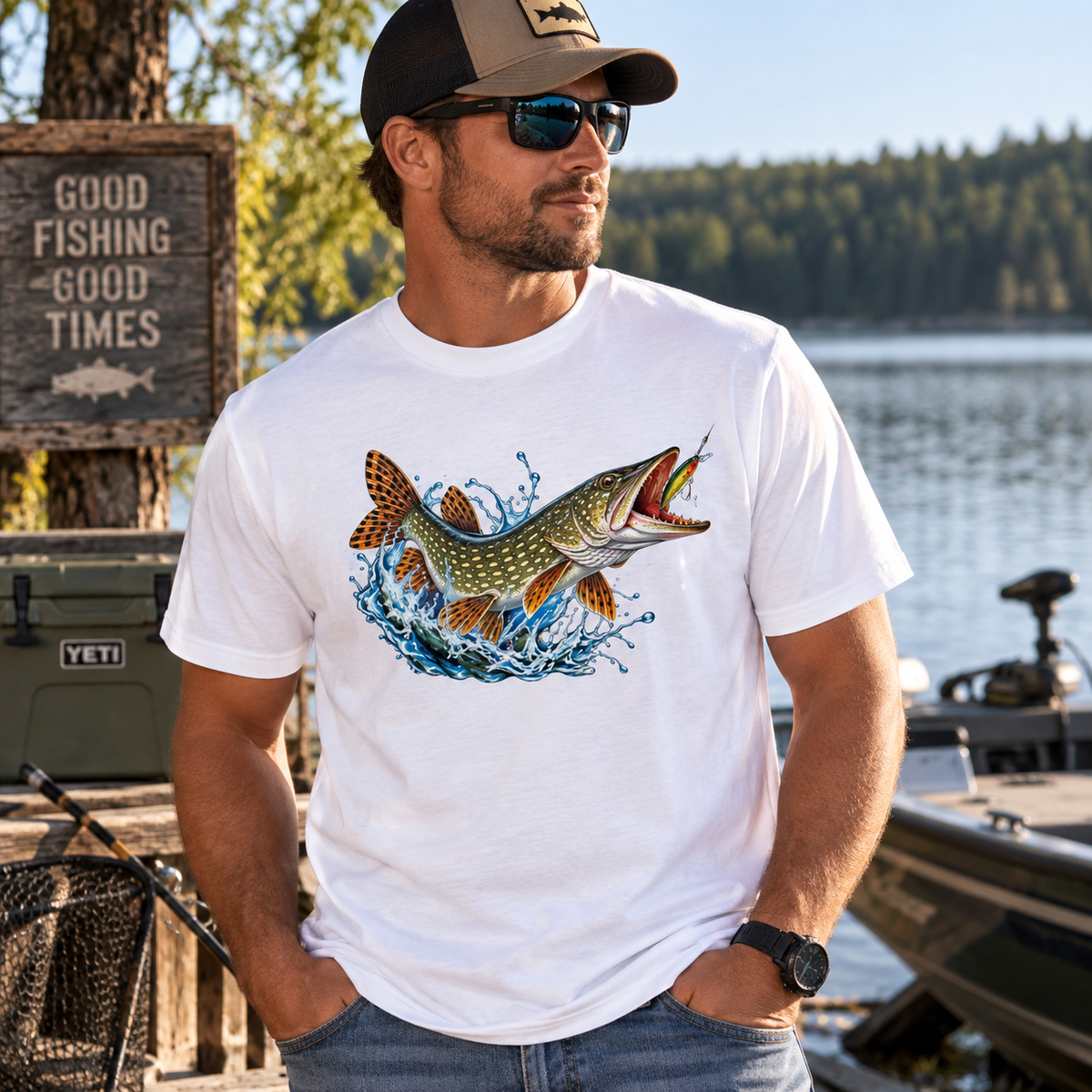 Pike Fishing T-Shirt — Leaping Northern Pike Graphic Tee