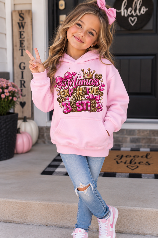 Youth Hoodie — "Mama's Expensive Little Bestie" Pink Crowned Graphic
