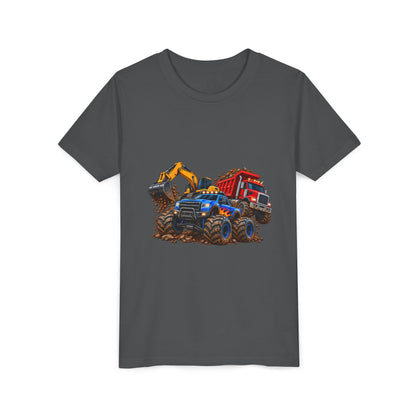 Kids Construction Trucks Tee — Monster Dump Truck & Excavator Graphic Youth Shirt