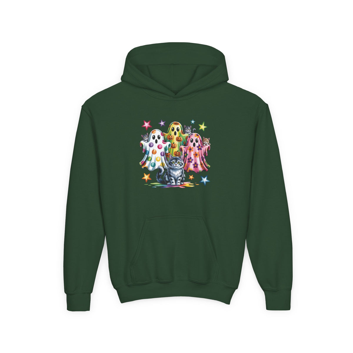 Youth Hoodie — Colorful Polka Dot Ghosts & Cat Halloween Sweatshirt