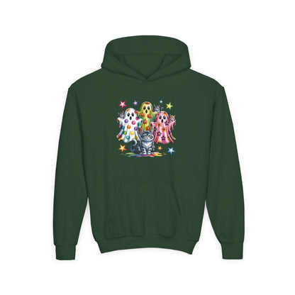 Youth Hoodie — Colorful Polka Dot Ghosts & Cat Halloween Sweatshirt