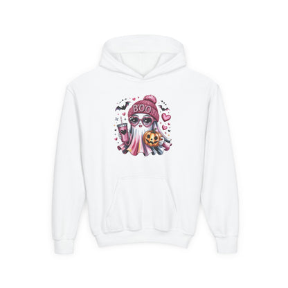 Youth Halloween Ghost Hoodie – Pink ‘Boo’ Skull with Pumpkin & Hearts