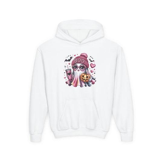 Youth Halloween Ghost Hoodie – Pink ‘Boo’ Skull with Pumpkin & Hearts