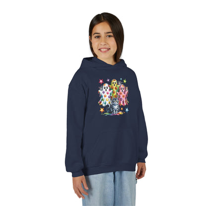 Youth Hoodie — Colorful Polka Dot Ghosts & Cat Halloween Sweatshirt