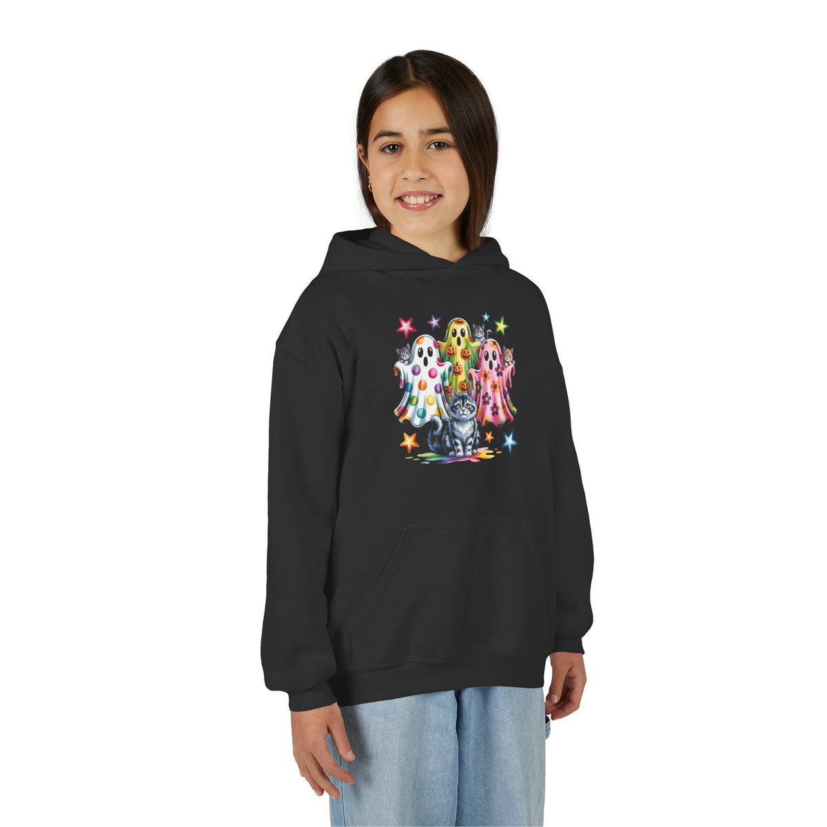 Youth Hoodie — Colorful Polka Dot Ghosts & Cat Halloween Sweatshirt
