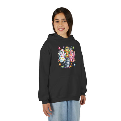 Youth Hoodie — Colorful Polka Dot Ghosts & Cat Halloween Sweatshirt