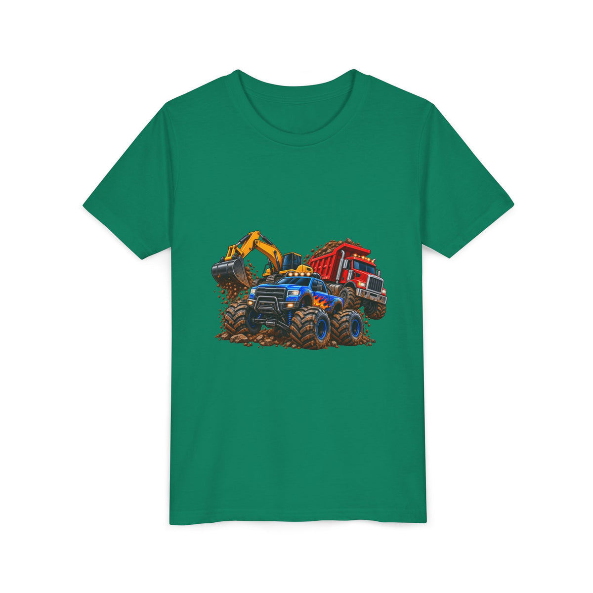 Kids Construction Trucks Tee — Monster Dump Truck & Excavator Graphic Youth Shirt
