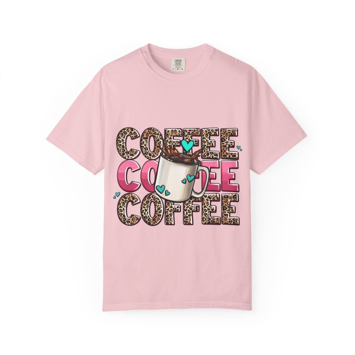 Coffee Lover T-Shirt — Leopard Print & Pink Heart Coffee Mug Design