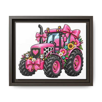 Pink Floral Tractor Matte Canvas Framed Wall Art