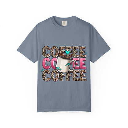 Coffee Lover T-Shirt — Leopard Print & Pink Heart Coffee Mug Design