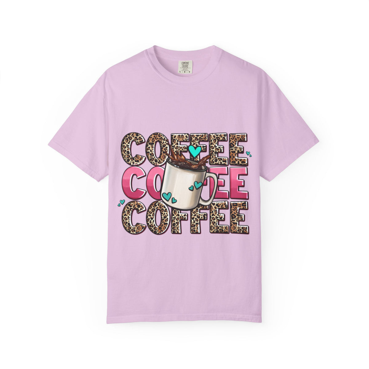 Coffee Lover T-Shirt — Leopard Print & Pink Heart Coffee Mug Design