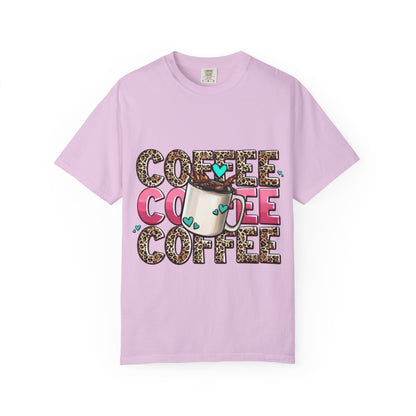 Coffee Lover T-Shirt — Leopard Print & Pink Heart Coffee Mug Design