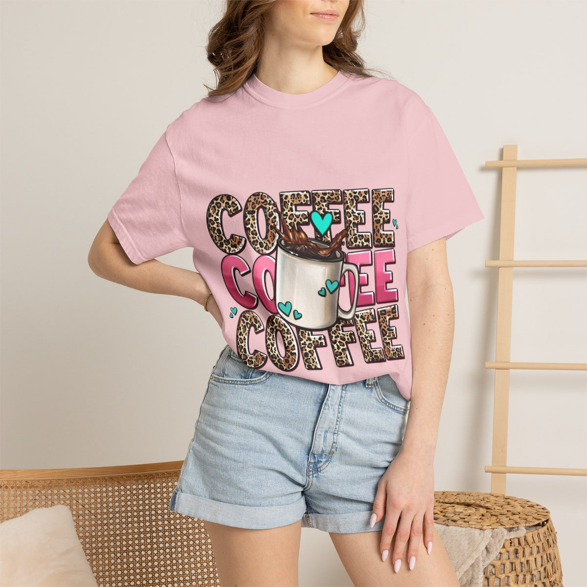 Coffee Lover T-Shirt — Leopard Print & Pink Heart Coffee Mug Design