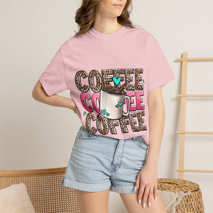 Coffee Lover T-Shirt — Leopard Print & Pink Heart Coffee Mug Design