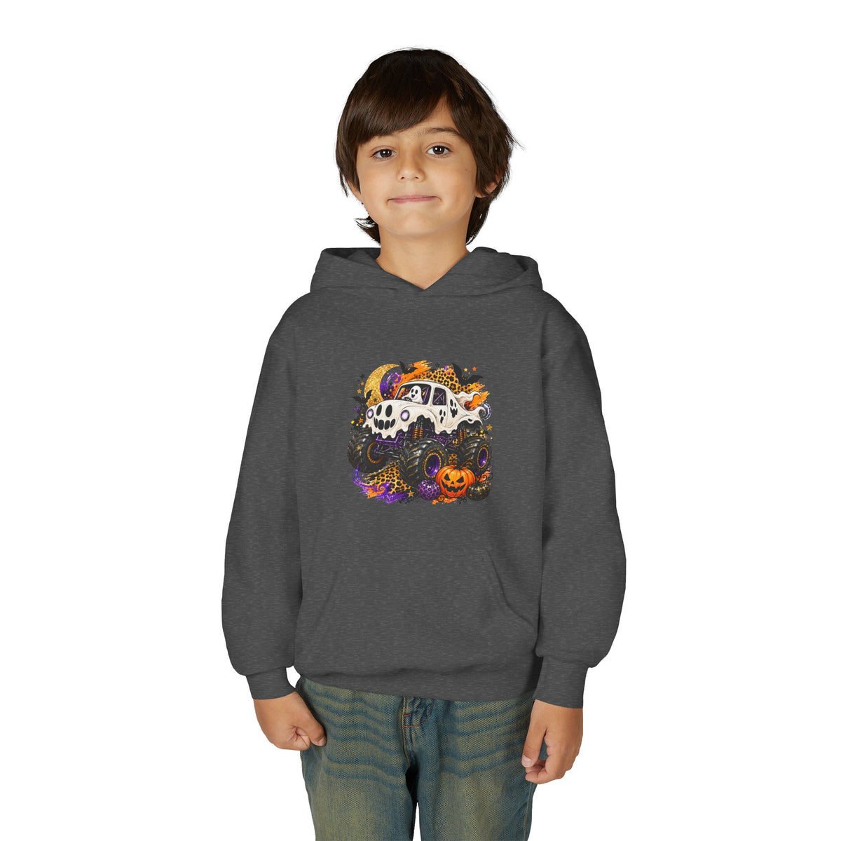 Youth Hoodie — Spooky Monster Truck Halloween Pumpkin Design