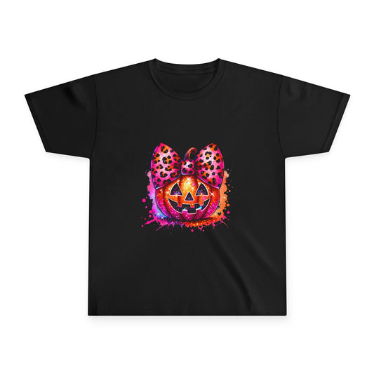 Youth Halloween Pumpkin Tee — Leopard Bow Jack-O'-Lantern Kids Shirt