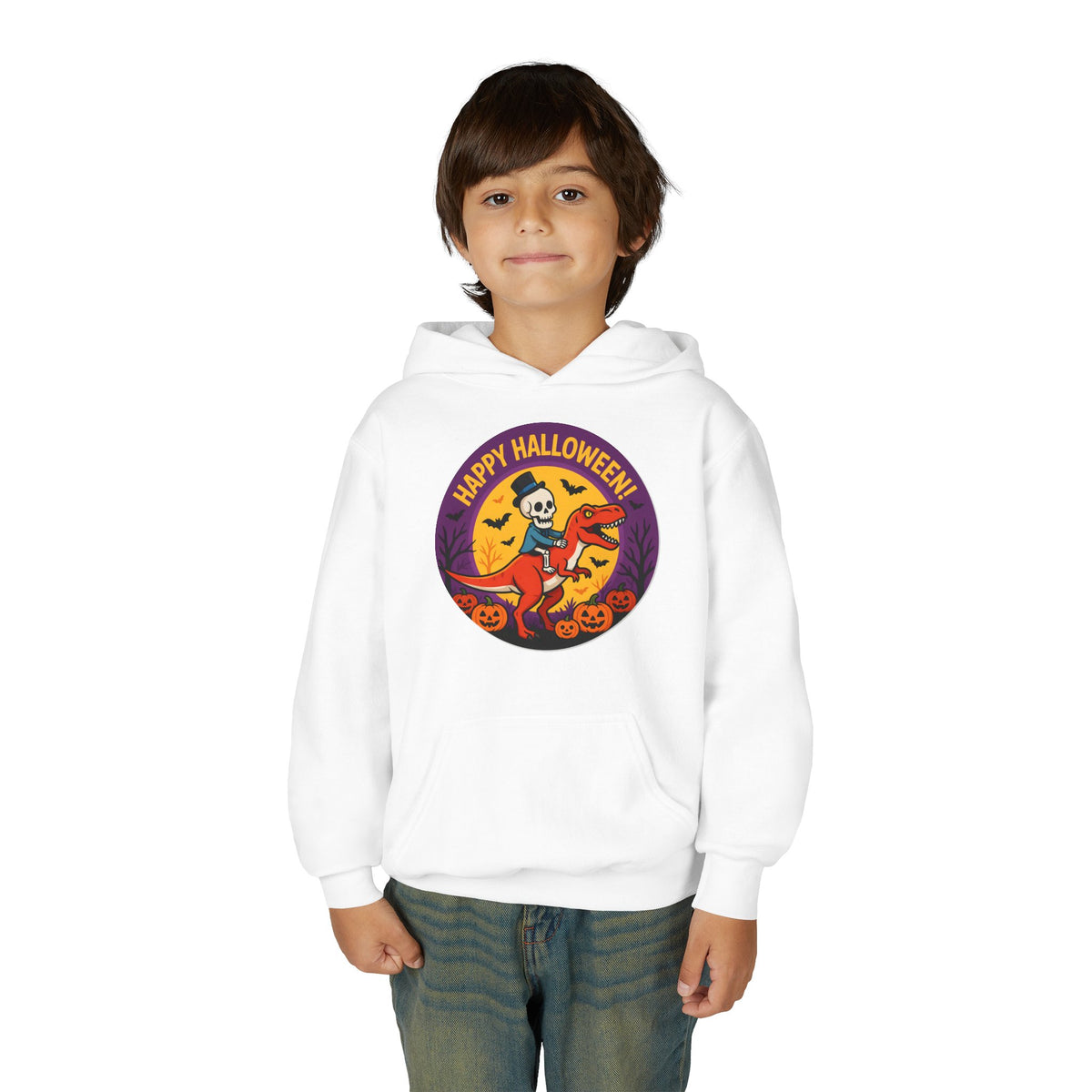 Youth Halloween Hoodie — 'Happy Halloween' Skeleton Riding Dinosaur Kids Sweatshirt