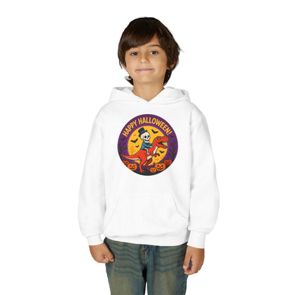 Youth Halloween Hoodie — 'Happy Halloween' Skeleton Riding Dinosaur Kids Sweatshirt