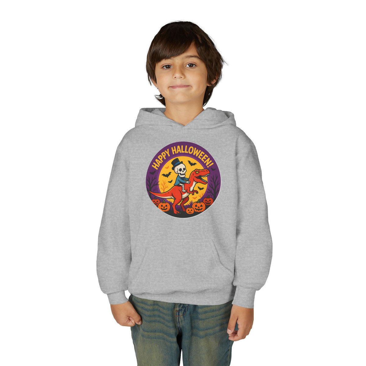 Youth Halloween Hoodie — 'Happy Halloween' Skeleton Riding Dinosaur Kids Sweatshirt
