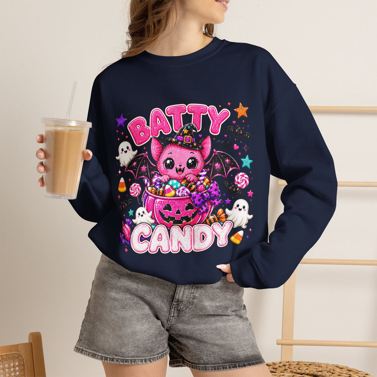 Batty for Candy Sweatshirt — Cute Pink Halloween Bat Crewneck