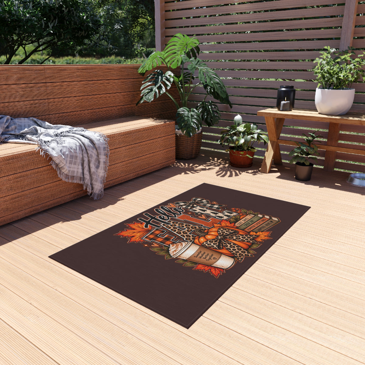 Hello Fall Outdoor Rug — Cozy Autumn Coffee & Leaves Doormat
