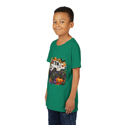 Kids Halloween Monster Truck Tee — Spooky Skull Van with Pumpkin Graphic
