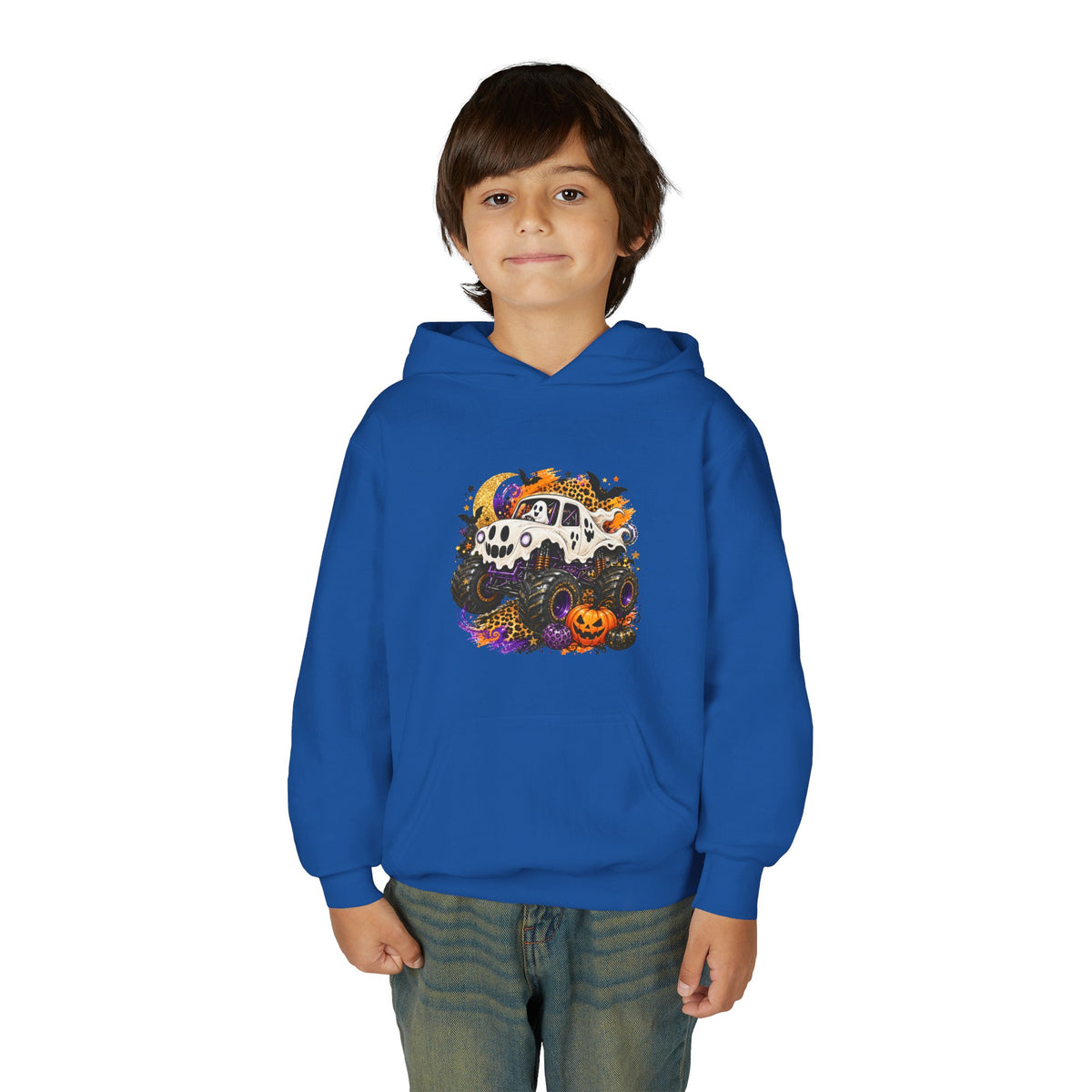 Youth Hoodie — Spooky Monster Truck Halloween Pumpkin Design