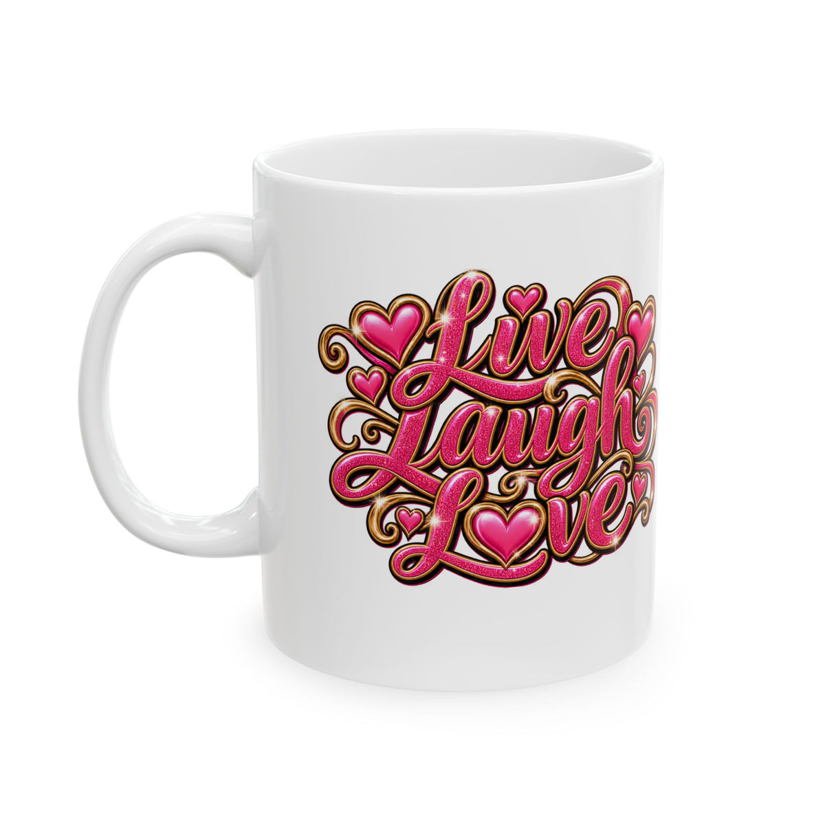 Love Laugh Live Ceramic Mug — Pink Heart Script (11oz & 15oz)