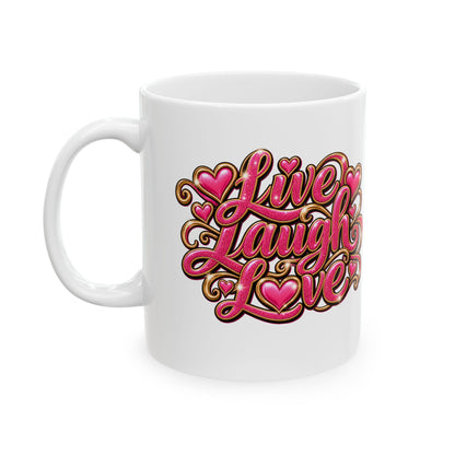 Love Laugh Live Ceramic Mug — Pink Heart Script (11oz & 15oz)