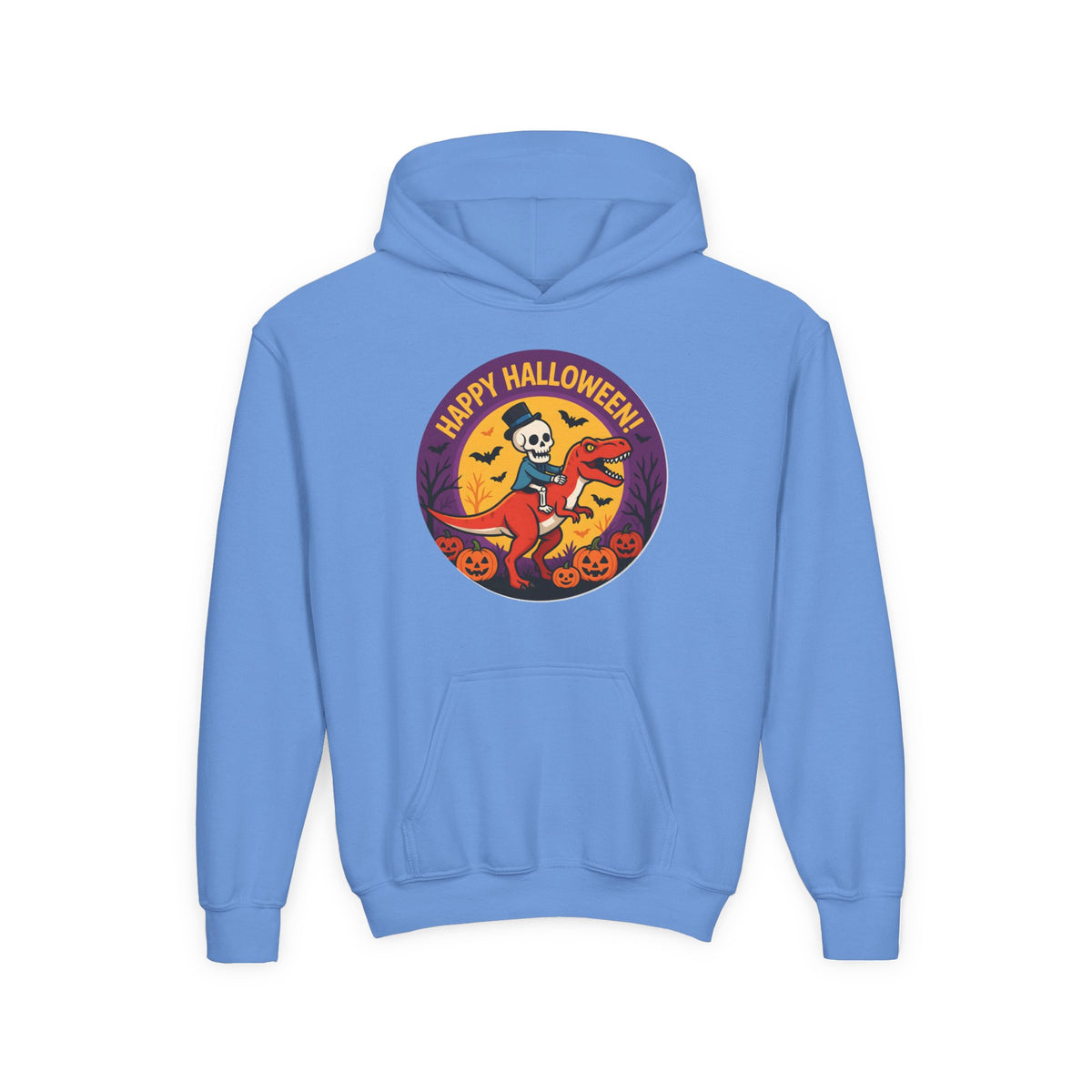 Youth Halloween Hoodie — 'Happy Halloween' Skeleton Riding Dinosaur Kids Sweatshirt