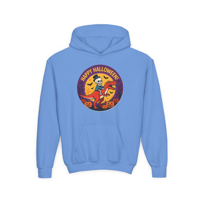 Youth Halloween Hoodie — 'Happy Halloween' Skeleton Riding Dinosaur Kids Sweatshirt