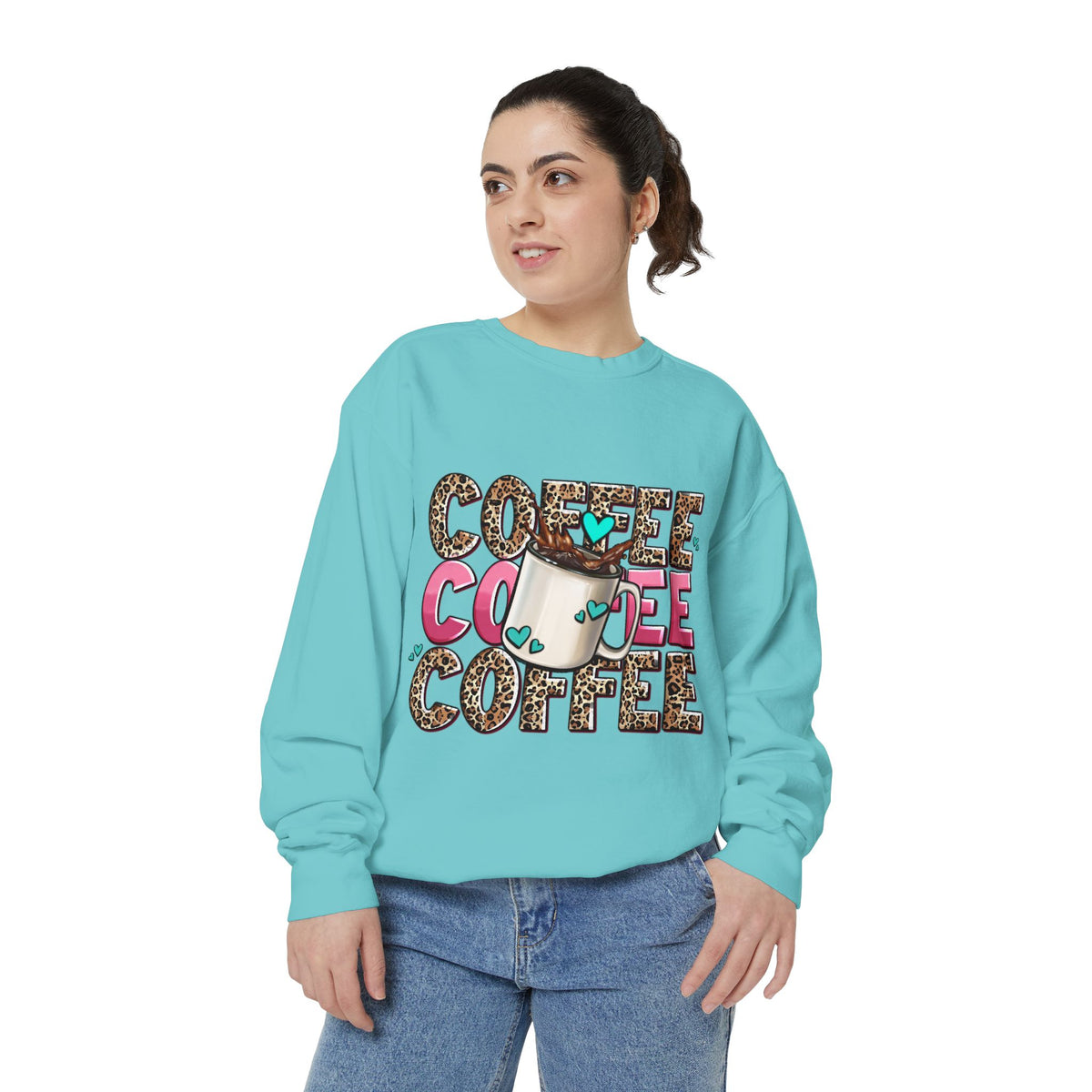 Coffee Leopard Print Sweatshirt — Cute Mug Graphic Coffee Lover Pullover
