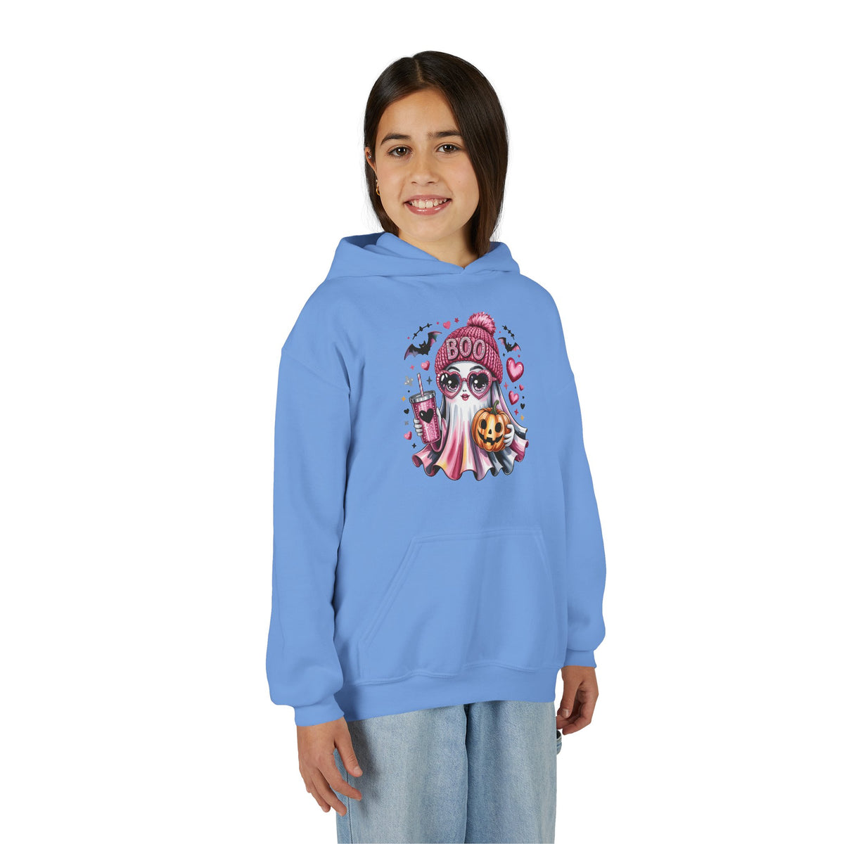 Youth Halloween Ghost Hoodie – Pink ‘Boo’ Skull with Pumpkin & Hearts