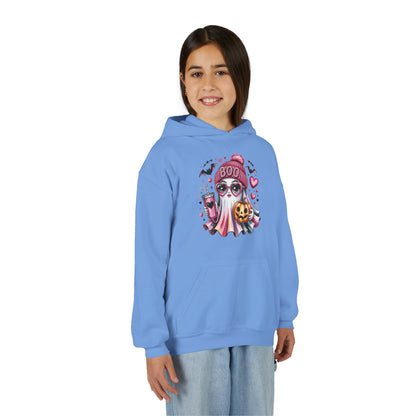 Youth Halloween Ghost Hoodie – Pink ‘Boo’ Skull with Pumpkin & Hearts