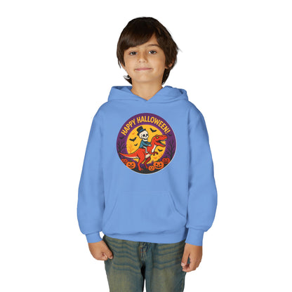 Youth Halloween Hoodie — 'Happy Halloween' Skeleton Riding Dinosaur Kids Sweatshirt