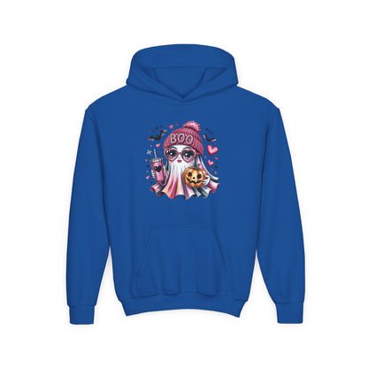 Youth Halloween Ghost Hoodie – Pink ‘Boo’ Skull with Pumpkin & Hearts
