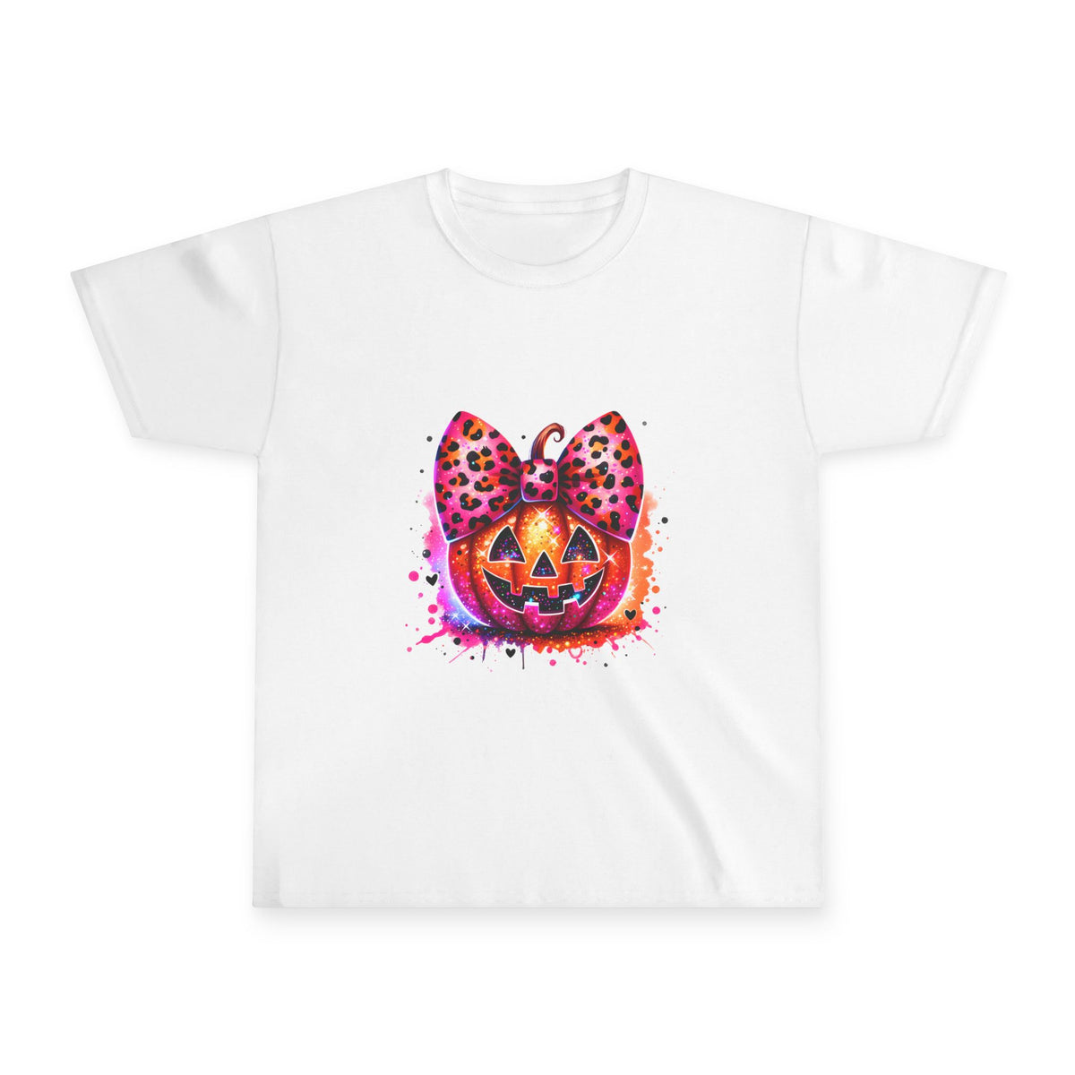 Youth Halloween Pumpkin Tee — Leopard Bow Jack-O'-Lantern Kids Shirt