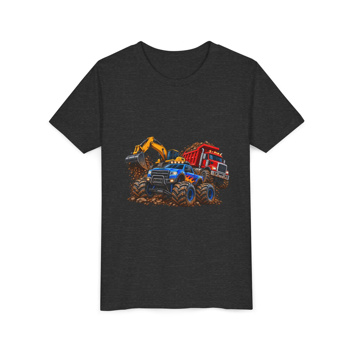 Kids Construction Trucks Tee — Monster Dump Truck & Excavator Graphic Youth Shirt
