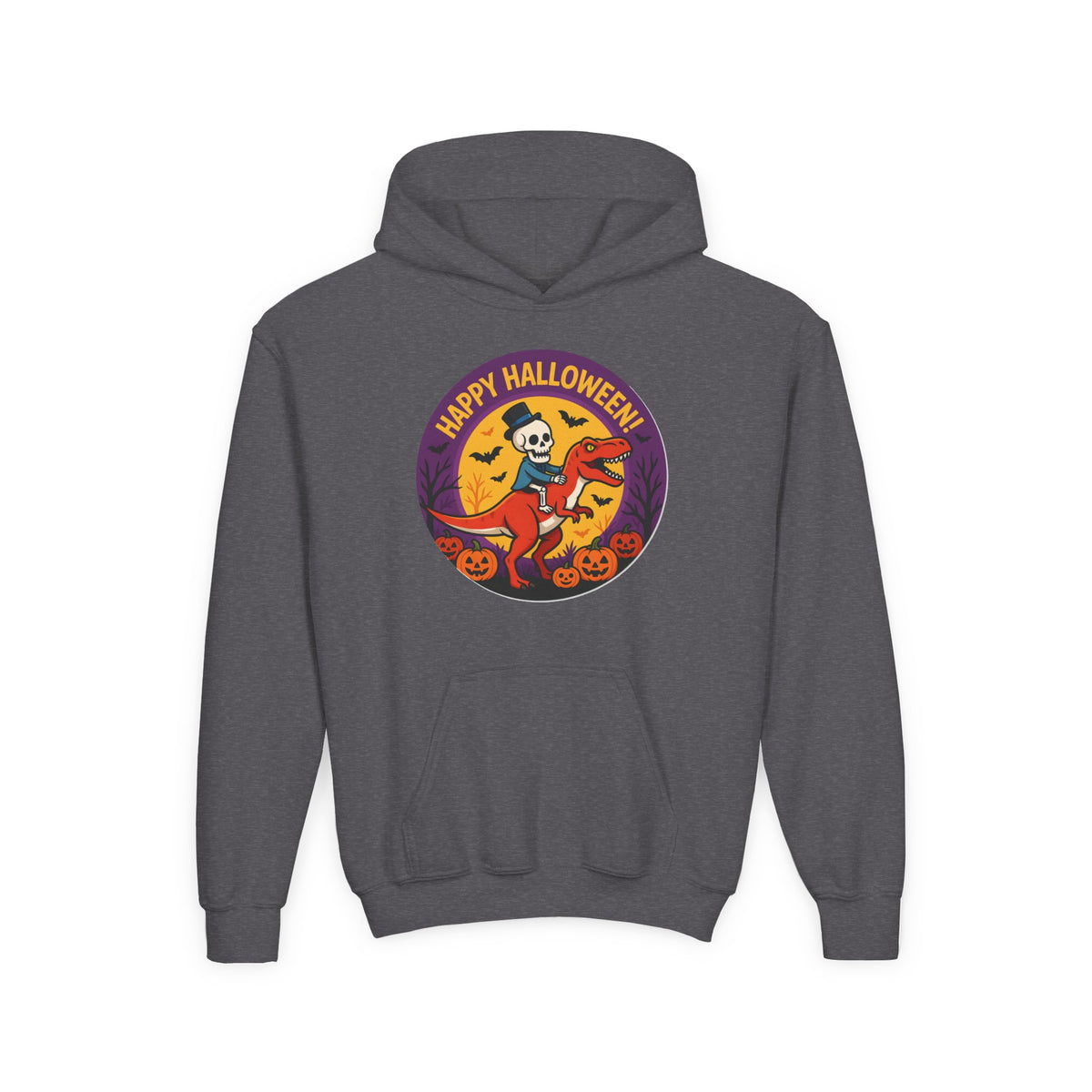 Youth Halloween Hoodie — 'Happy Halloween' Skeleton Riding Dinosaur Kids Sweatshirt