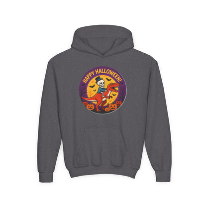 Youth Halloween Hoodie — 'Happy Halloween' Skeleton Riding Dinosaur Kids Sweatshirt