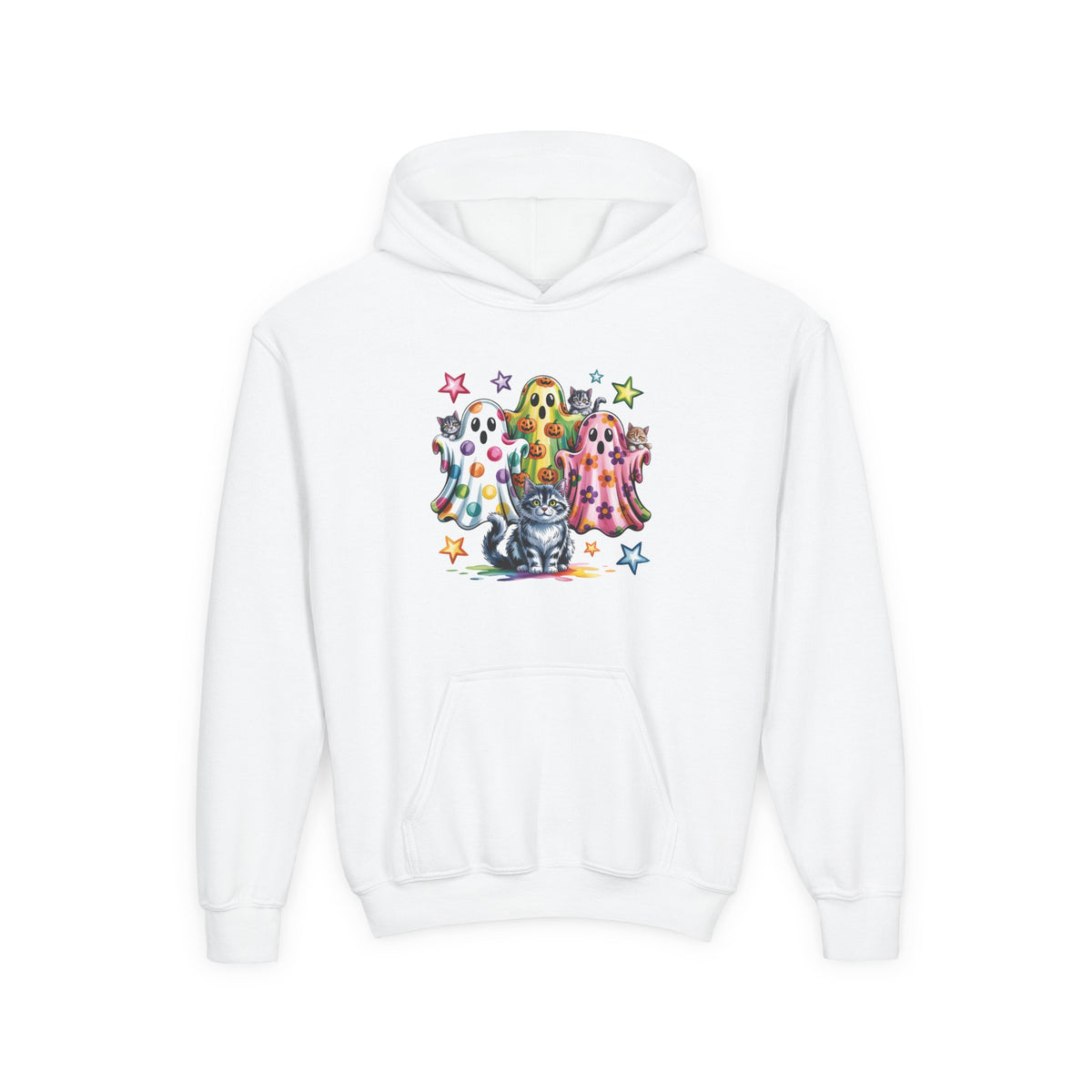 Youth Hoodie — Colorful Polka Dot Ghosts & Cat Halloween Sweatshirt