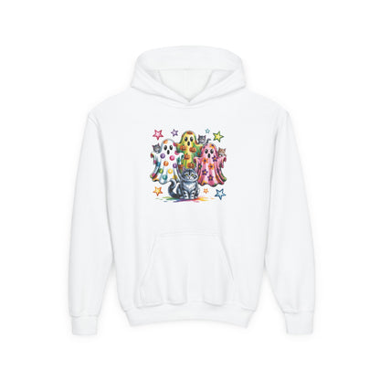 Youth Hoodie — Colorful Polka Dot Ghosts & Cat Halloween Sweatshirt