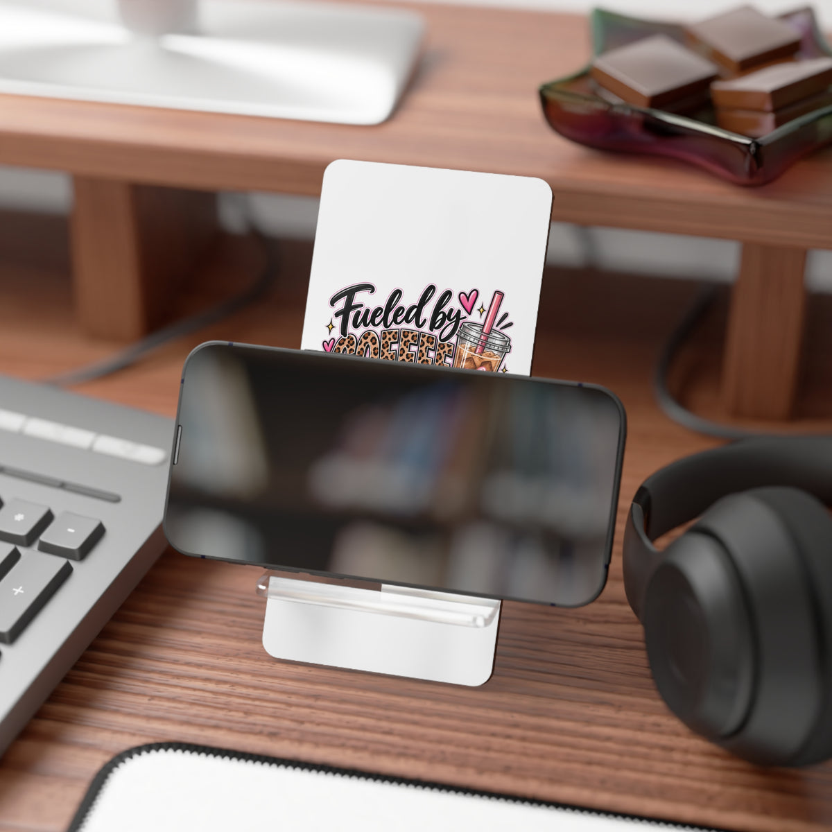 Phone Stand — “Fueled by Coffee and Big Dreams” Mobile Display Holder