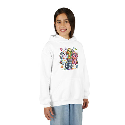Youth Hoodie — Colorful Polka Dot Ghosts & Cat Halloween Sweatshirt